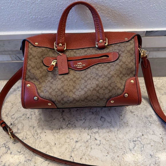 Women's Coach Millie Satchel in Signature Colorblock Canvas Khaki terracotta - Picture 4 of 16